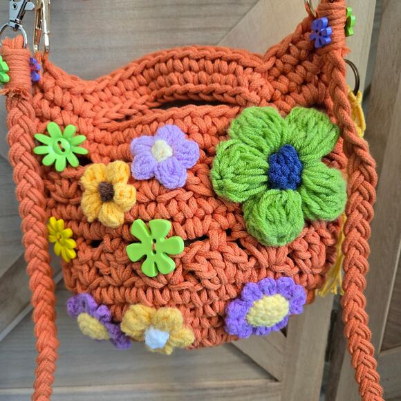 SM MACRAME CRYSTAL BAG Butterfly Printed Macrame Pouch Bag  FLR PWR Transformed Macrame Crossbody bag guitar strap Small orange green purple